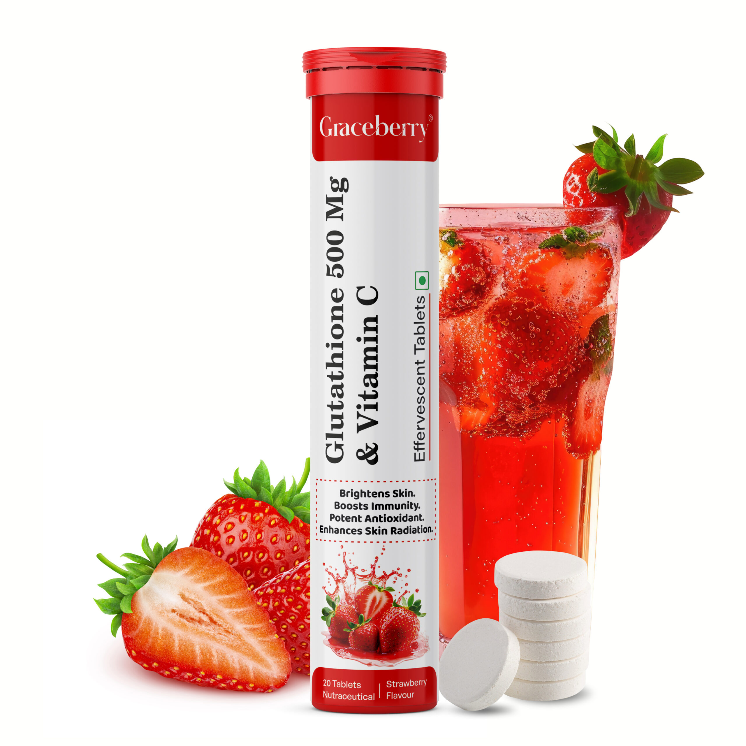 Graceberry Glutathione 500 mg + Vitamin C Effervescent Tablet Strawberry Flavour