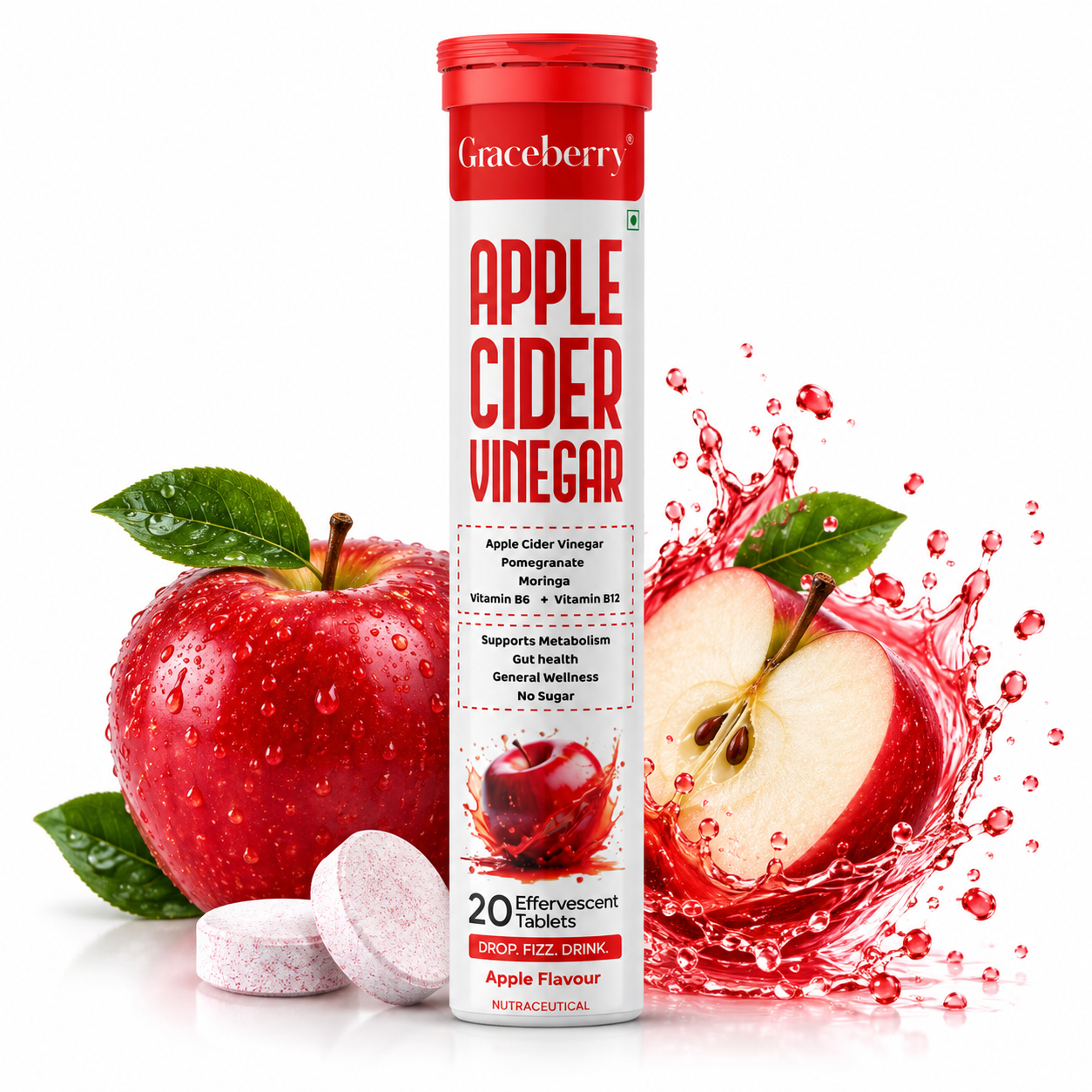 Graceberry Apple Cider Vinegar Effervescent Tablets – Apple Flavour, 20 Tablets view 2