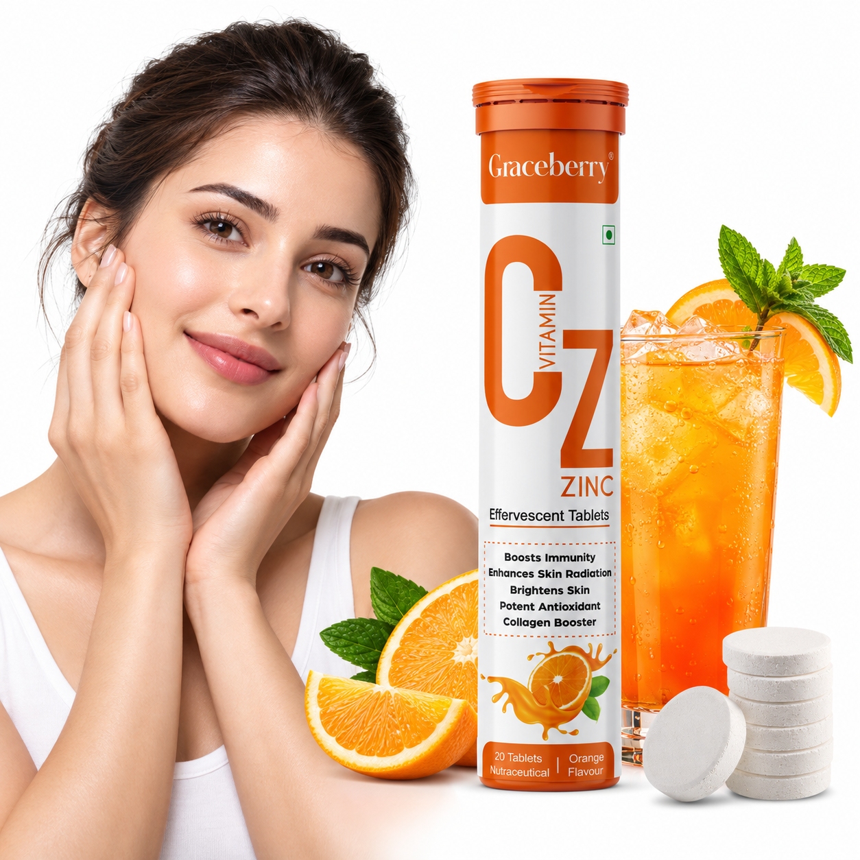Graceberry Vitamin C & Zinc with Amla Orange Effervescent Tablets – Immunity, Collagen & Skin Radiance Support