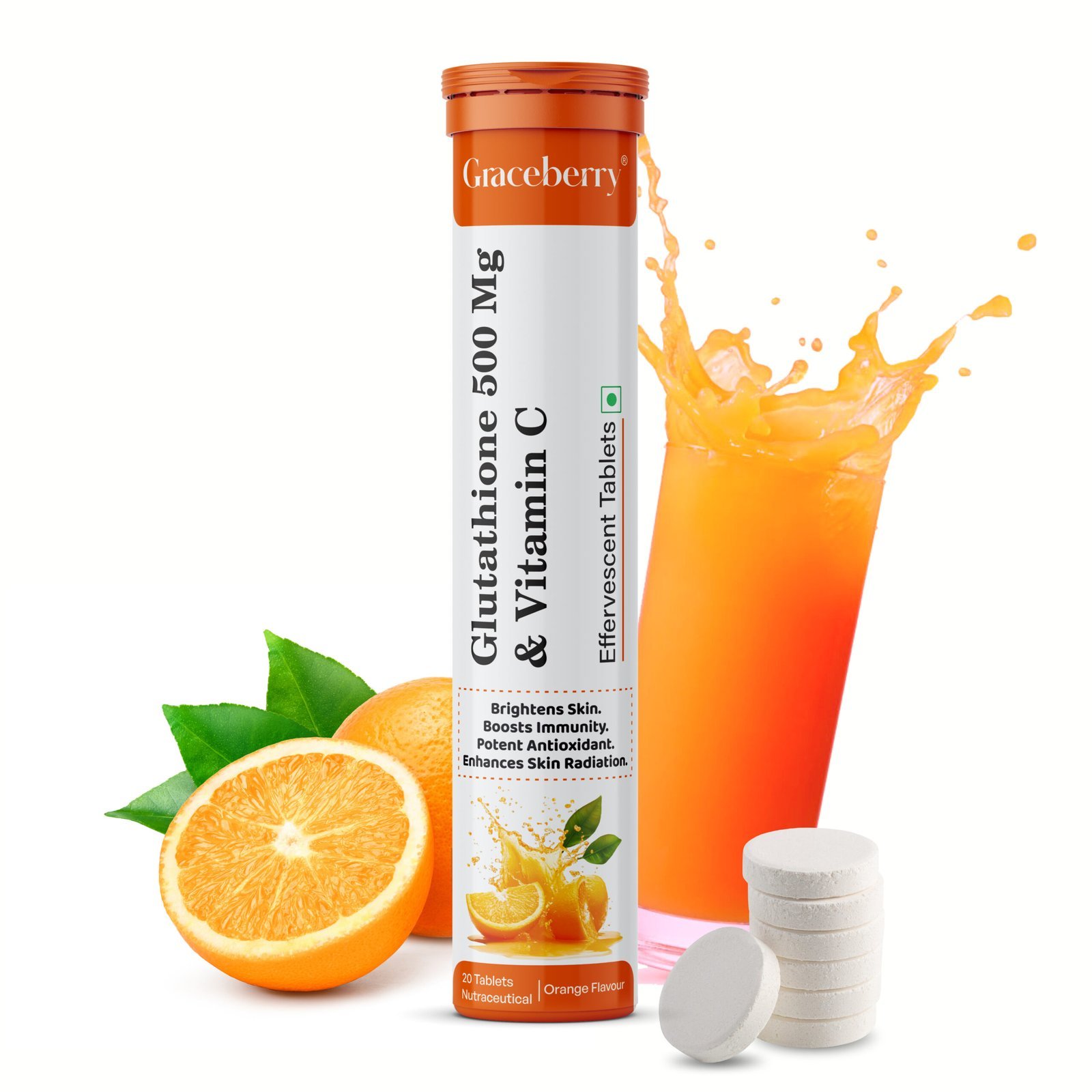 Graceberry Glutathione Effervescent Tablets – 500mg Glutathione & Vitamin C for Glowing Skin | Effervescent, Sugar-Free Antioxidant Supplement | Skin Brightening | Orange Flavor