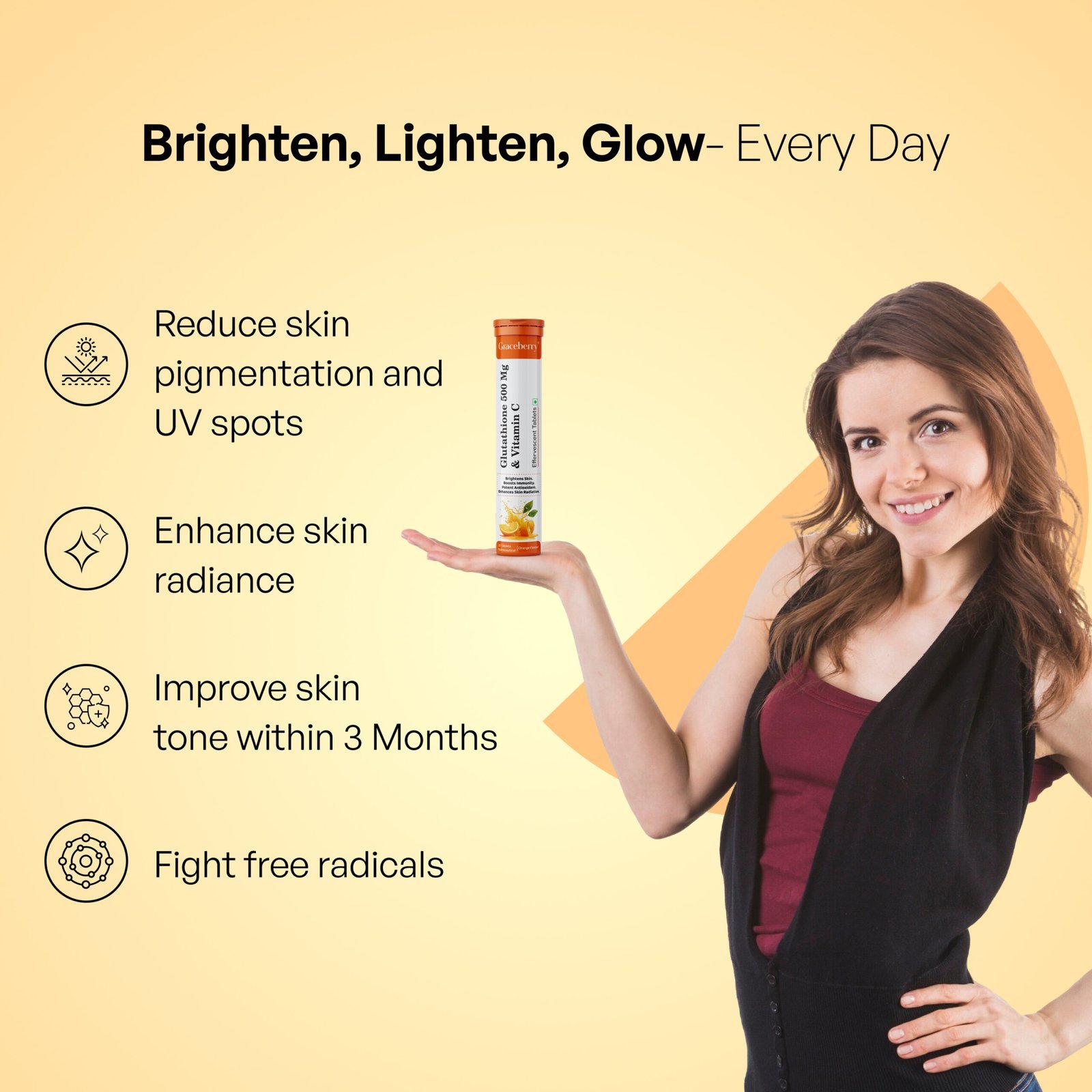 Graceberry Glutathione Effervescent Tablets – 500mg Glutathione & Vitamin C for Glowing Skin | Effervescent, Sugar-Free Antioxidant Supplement | Skin Brightening | Orange Flavor view 2