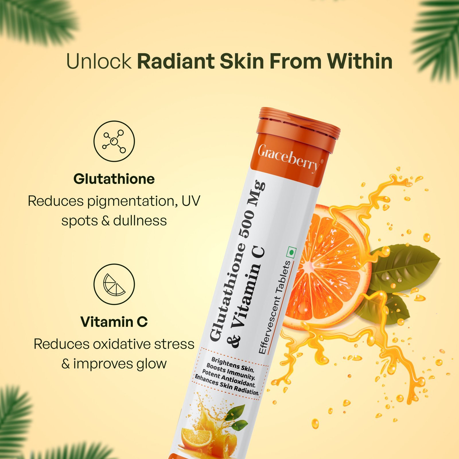 Graceberry Glutathione Effervescent Tablets – 500mg Glutathione & Vitamin C for Glowing Skin | Effervescent, Sugar-Free Antioxidant Supplement | Skin Brightening | Orange Flavor view 4