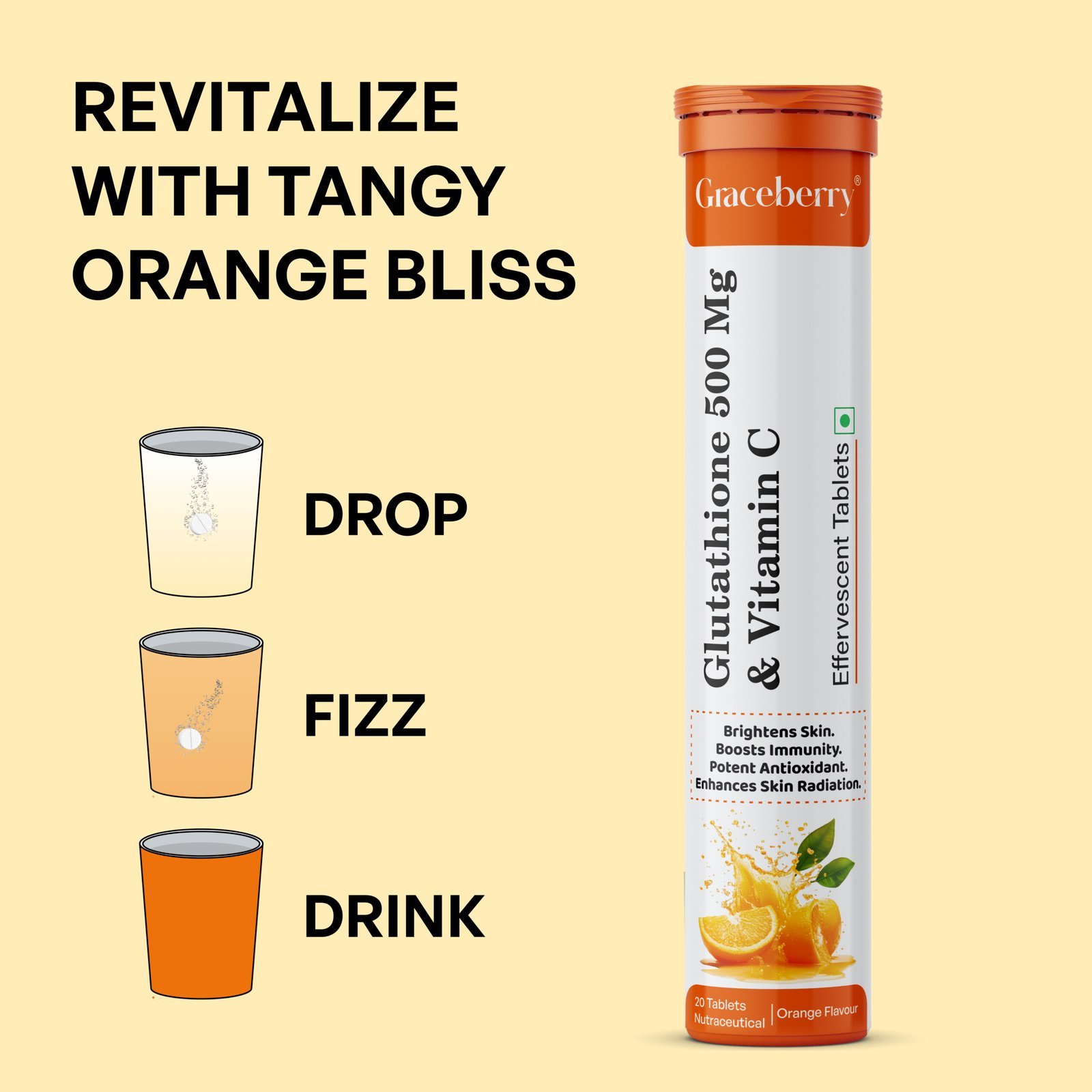 Graceberry Glutathione Effervescent Tablets – 500mg Glutathione & Vitamin C for Glowing Skin | Effervescent, Sugar-Free Antioxidant Supplement | Skin Brightening | Orange Flavor view 5