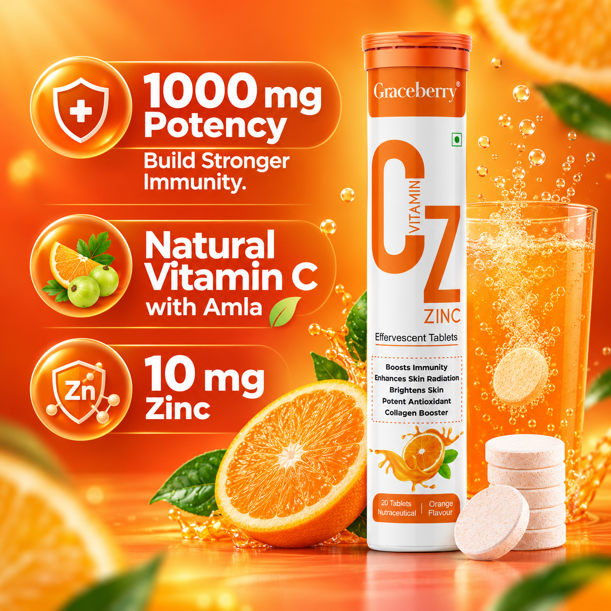 Graceberry Vitamin C & Zinc with Amla Orange Effervescent Tablets – Immunity, Collagen & Skin Radiance Support view 3