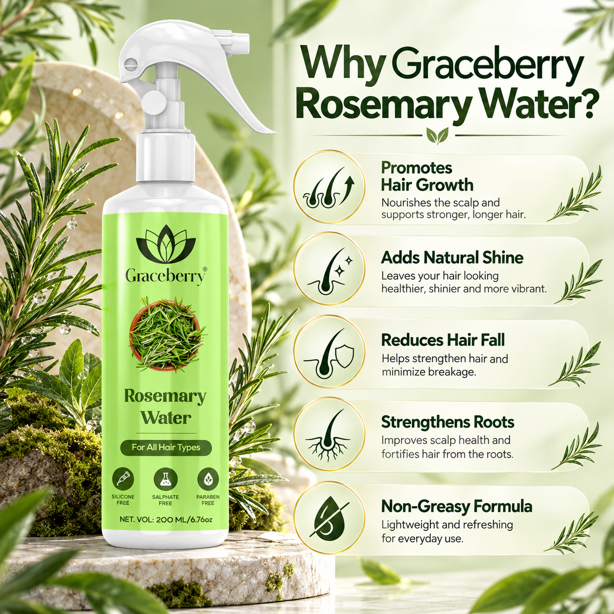 Graceberry Rosemary Water Hair Spray For Smooth & Shiny Hair | 200 ml view 3
