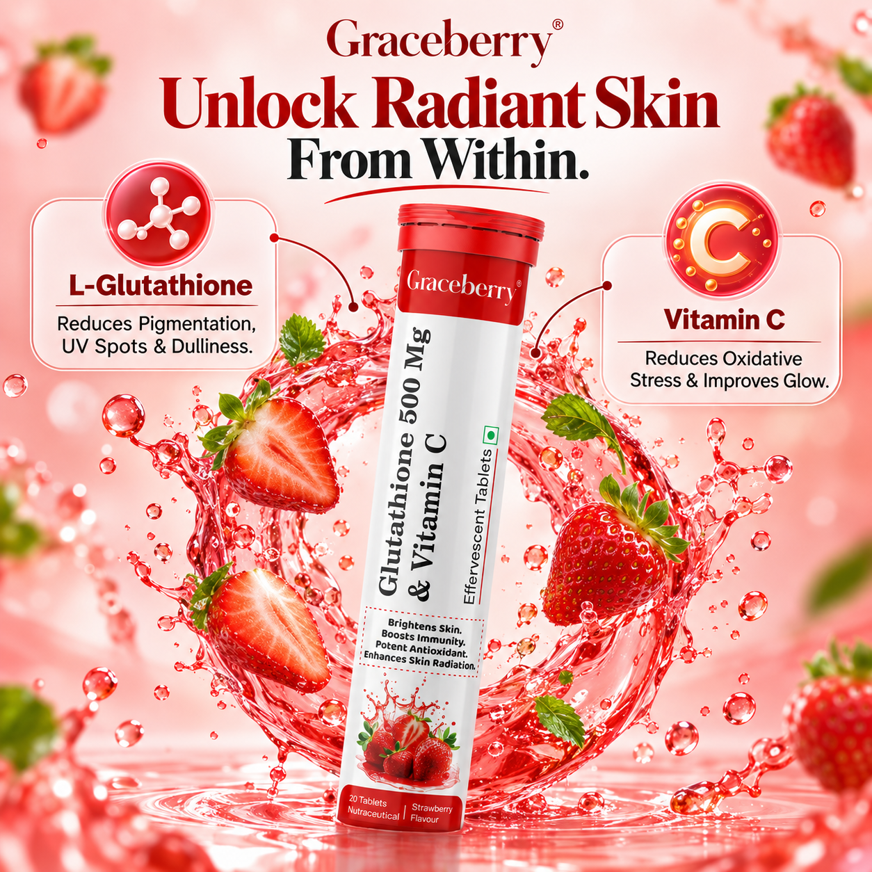 Graceberry Glutathione 500 mg + Vitamin C Effervescent Tablet Strawberry Flavour view 3