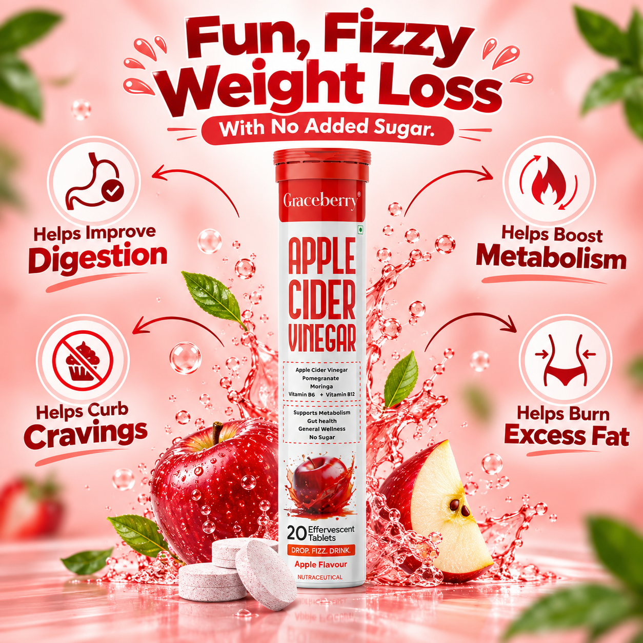 Graceberry Apple Cider Vinegar Effervescent Tablets – Apple Flavour, 20 Tablets view 3