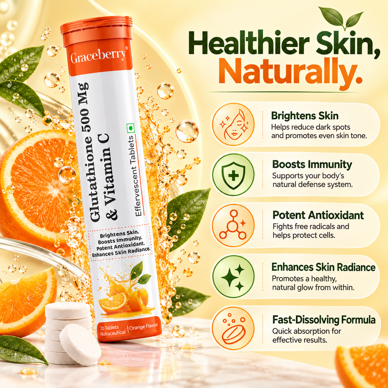 Graceberry Glutathione 500 mg + Vitamin C Effervescent Tablet Orange Flavour view 3
