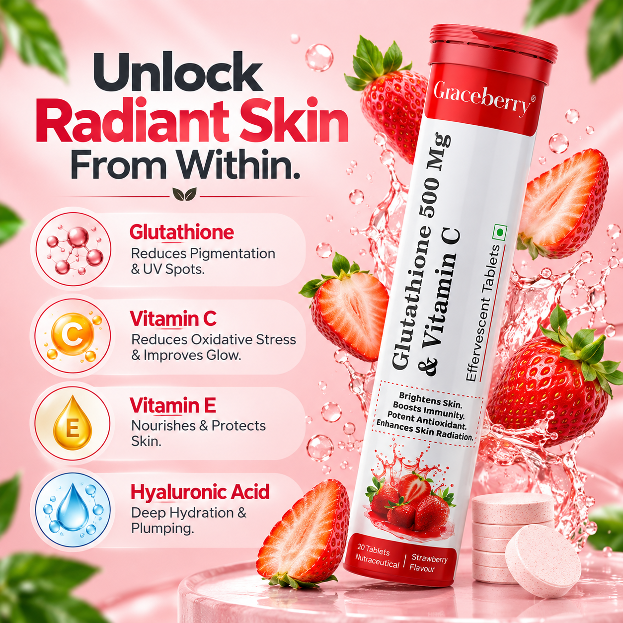 Graceberry Glutathione 500 mg + Vitamin C Effervescent Tablet Strawberry Flavour view 4