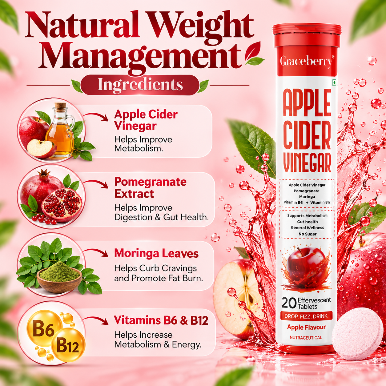 Graceberry Apple Cider Vinegar Effervescent Tablets – Apple Flavour, 20 Tablets view 4