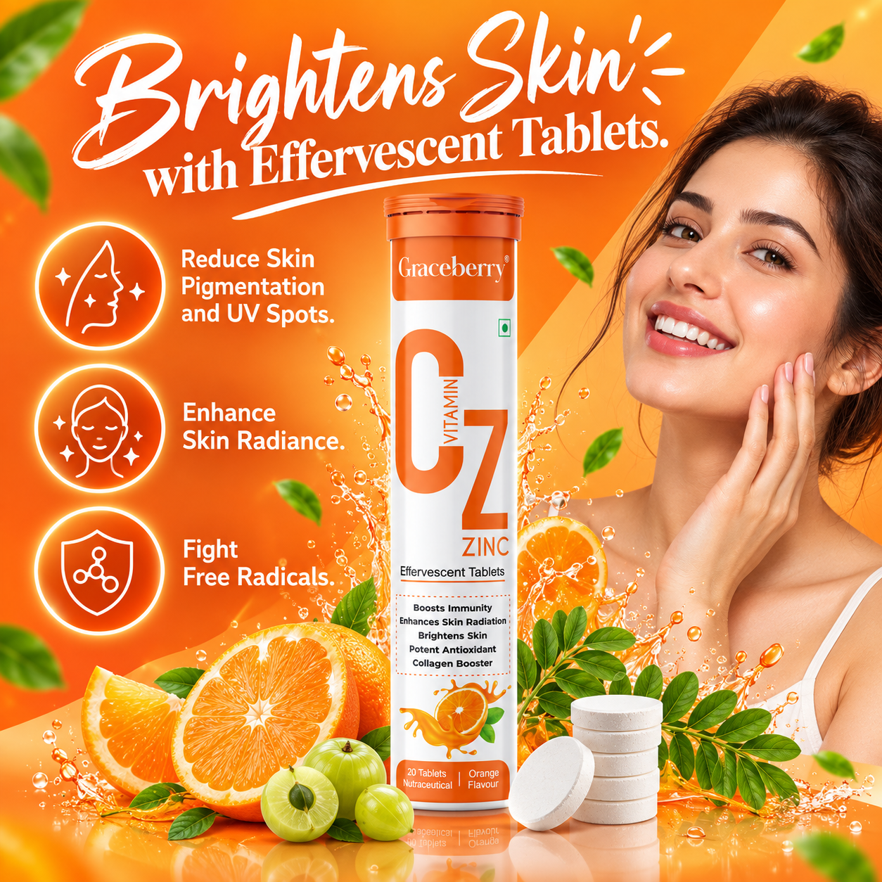 Graceberry Vitamin C & Zinc with Amla Orange Effervescent Tablets – Immunity, Collagen & Skin Radiance Support view 4