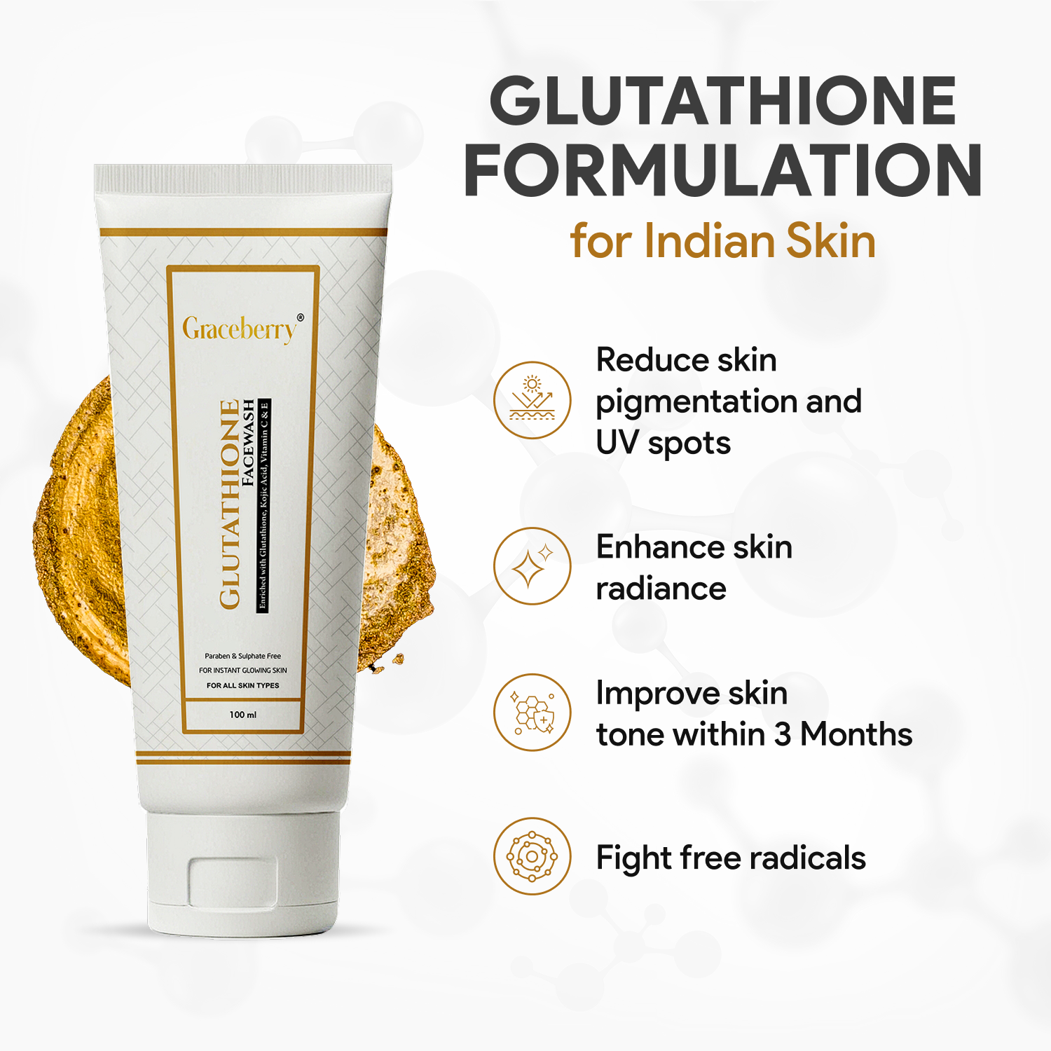 Graceberry L-Glutathione Brightening Facewash with Kojic Acid, Vitamin C & Vitamin E – 100 ml view 3