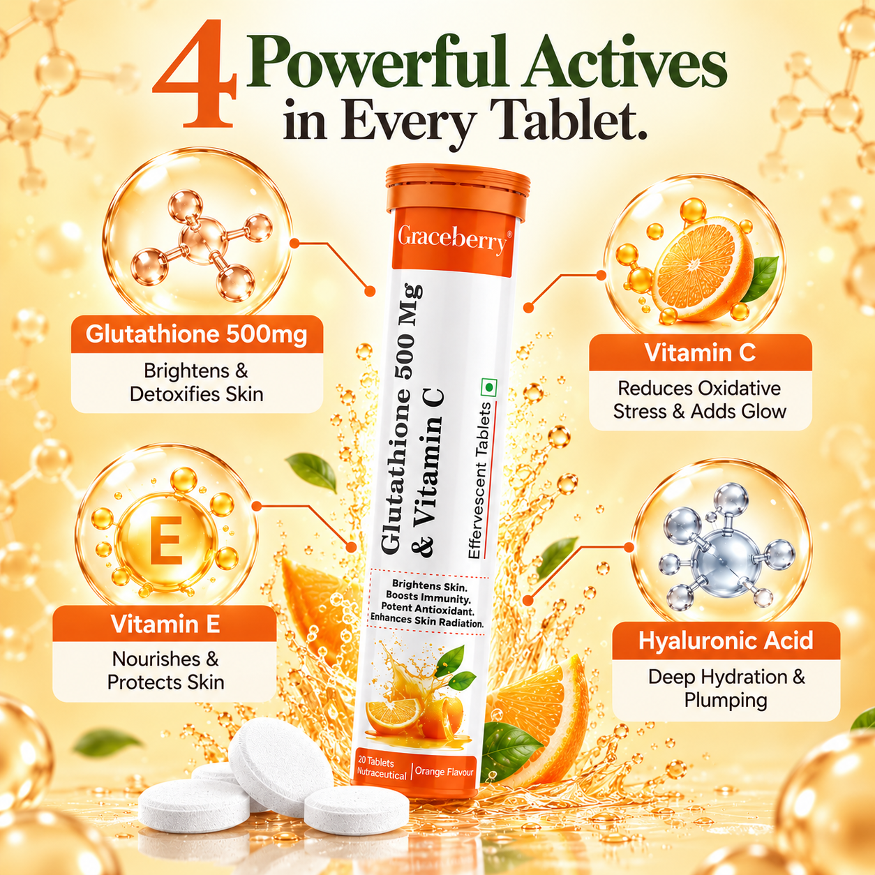 Graceberry Glutathione 500 mg + Vitamin C Effervescent Tablet Orange Flavour view 4