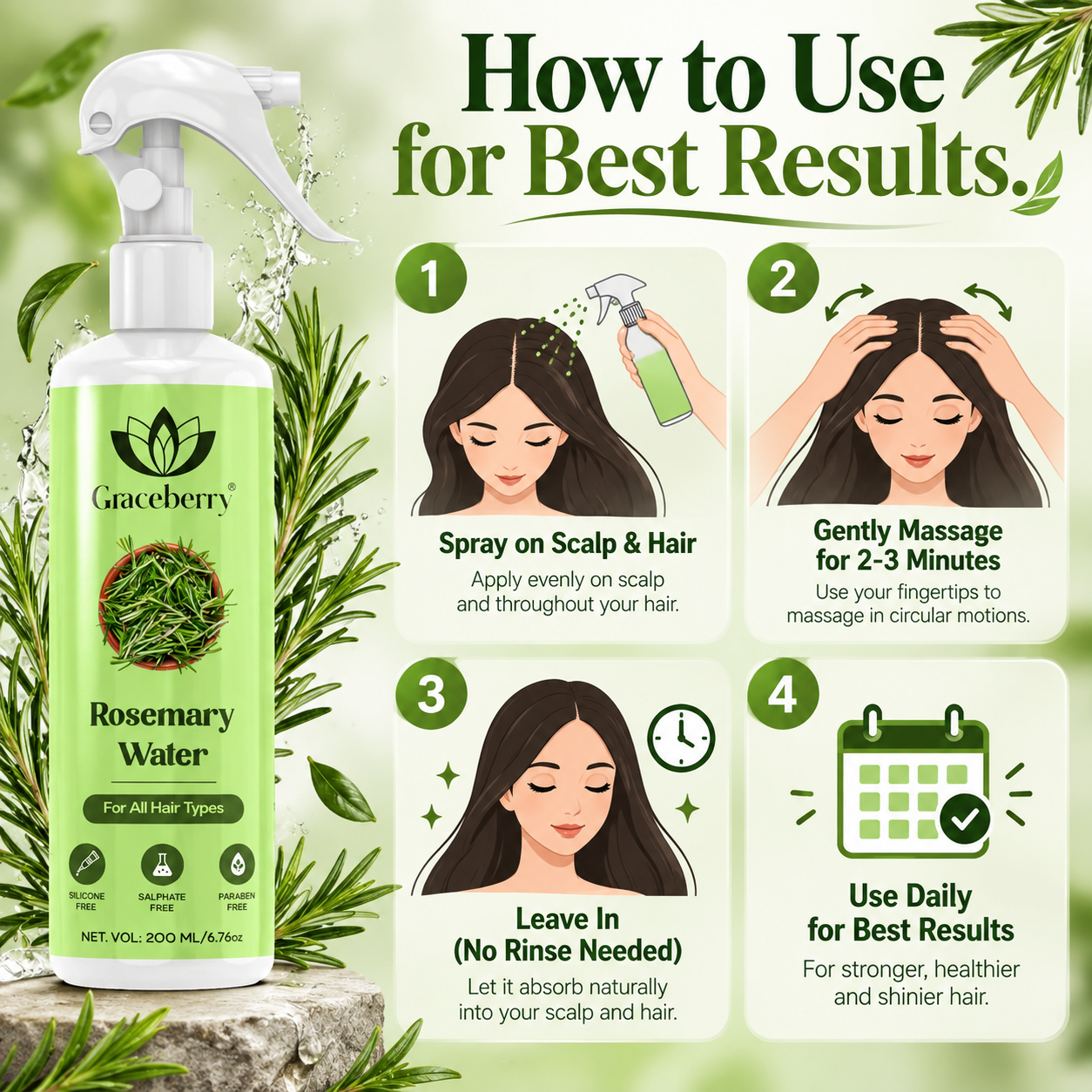 Graceberry Rosemary Water Hair Spray For Smooth & Shiny Hair | 200 ml view 5