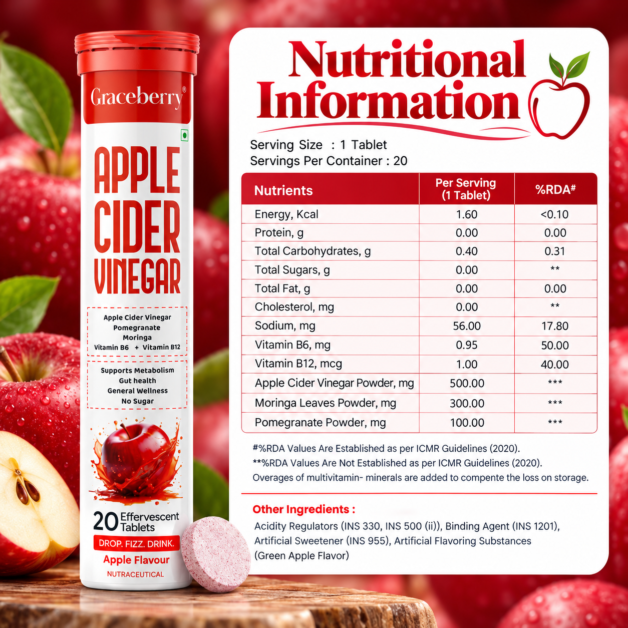 Graceberry Apple Cider Vinegar Effervescent Tablets – Apple Flavour, 20 Tablets view 5