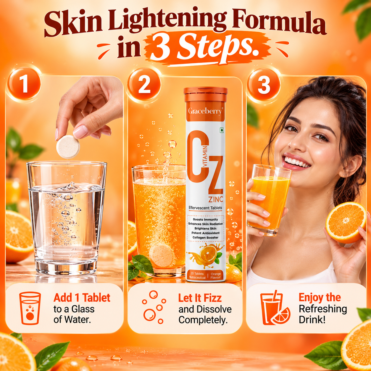 Graceberry Vitamin C & Zinc with Amla Orange Effervescent Tablets – Immunity, Collagen & Skin Radiance Support view 5