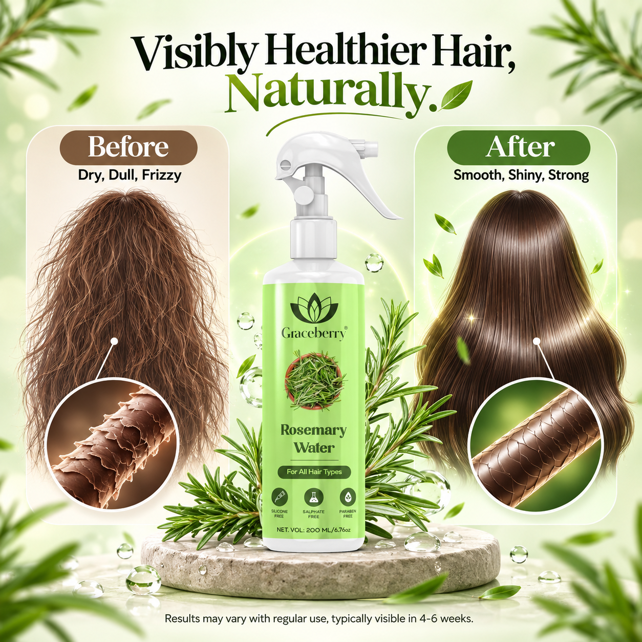 Graceberry Rosemary Water Hair Spray For Smooth & Shiny Hair | 200 ml view 6