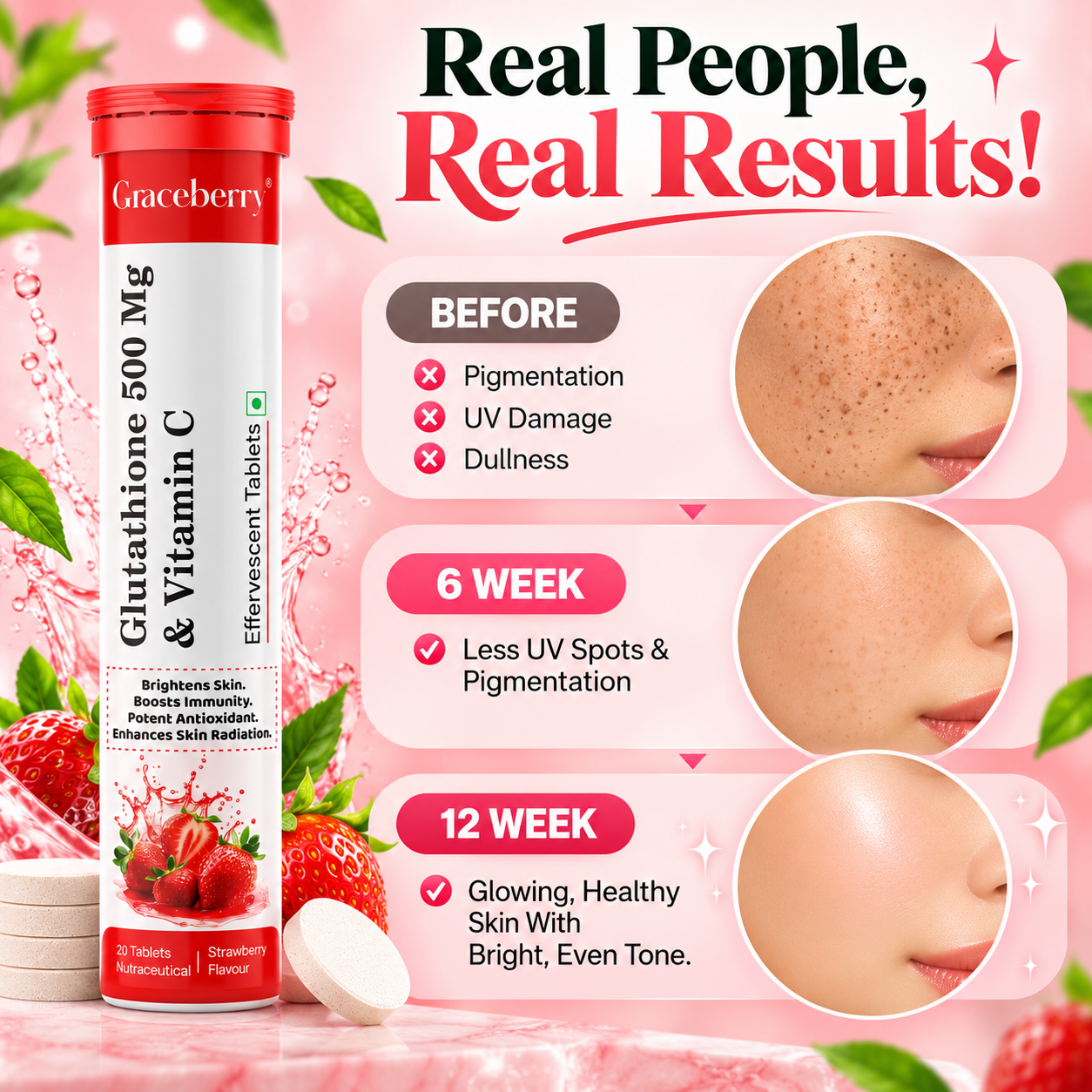 Graceberry Glutathione 500 mg + Vitamin C Effervescent Tablet Strawberry Flavour view 6