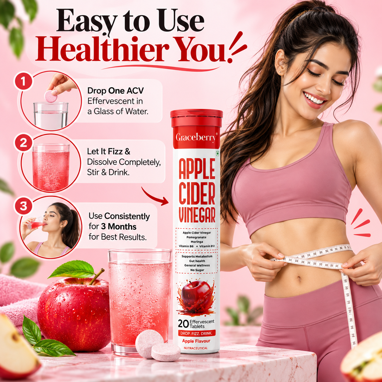 Graceberry Apple Cider Vinegar Effervescent Tablets – Apple Flavour, 20 Tablets view 6