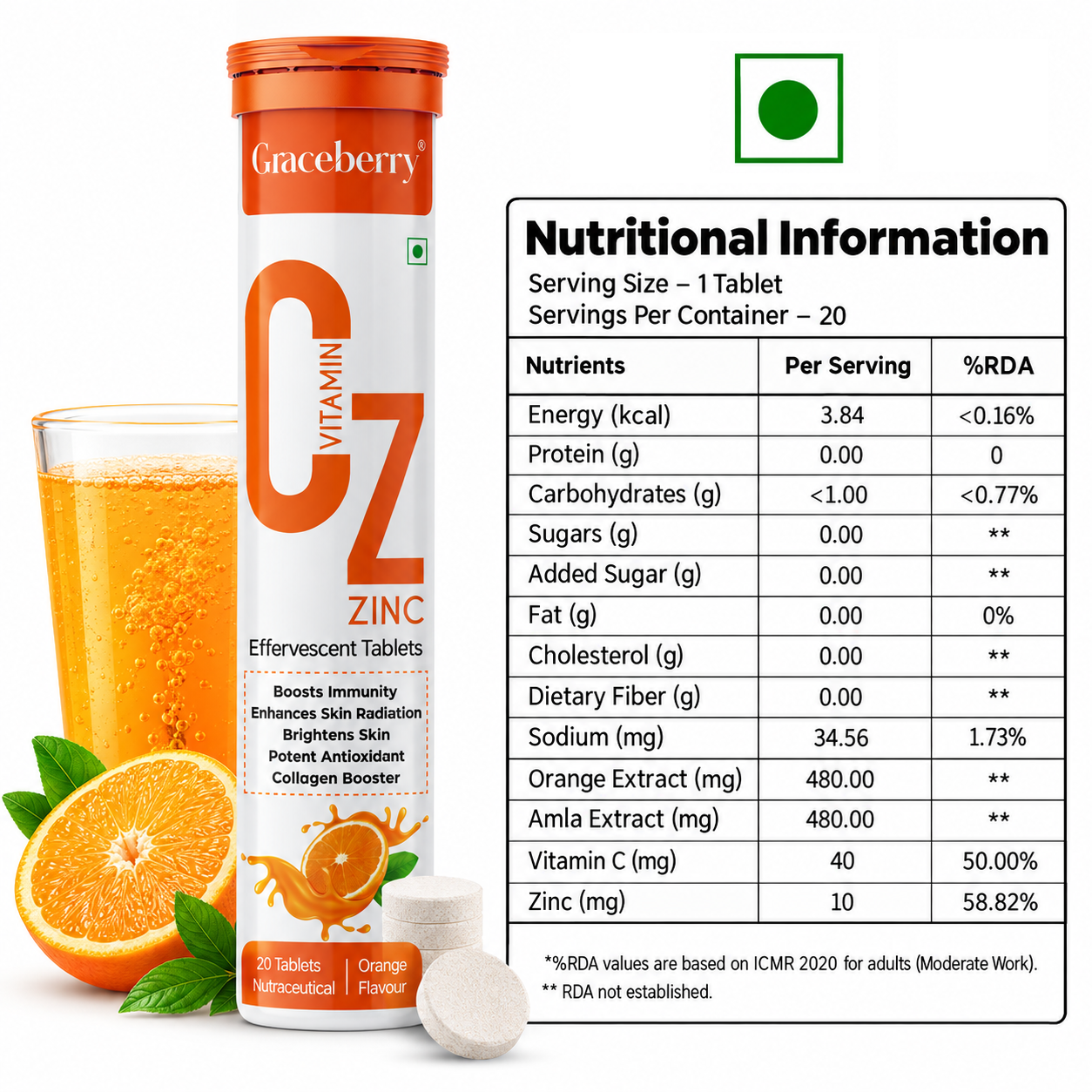 Graceberry Vitamin C & Zinc with Amla Orange Effervescent Tablets – Immunity, Collagen & Skin Radiance Support view 6