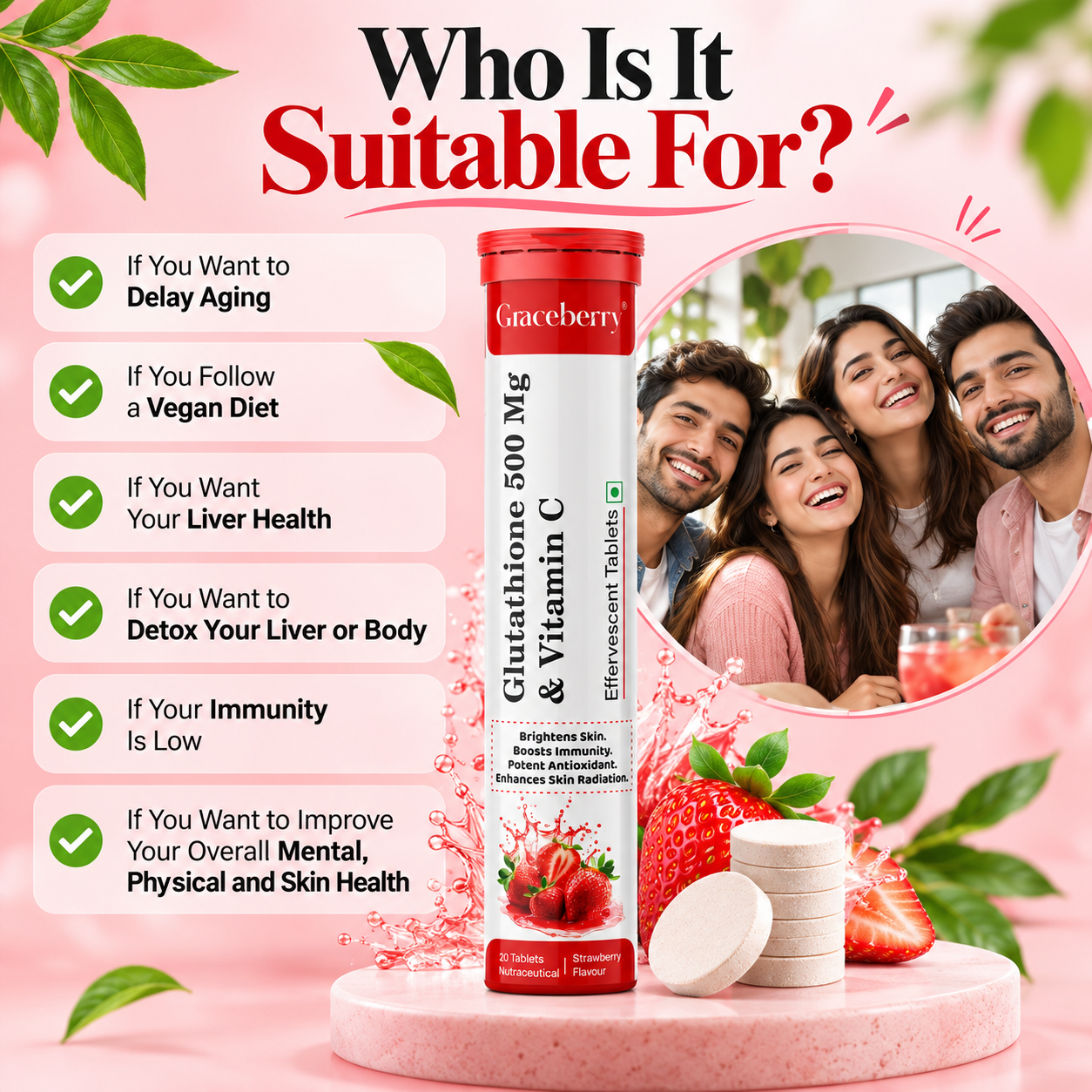 Graceberry Glutathione 500 mg + Vitamin C Effervescent Tablet Strawberry Flavour view 7