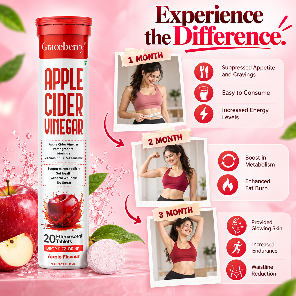 Graceberry Apple Cider Vinegar Effervescent Tablets – Apple Flavour, 20 Tablets view 7