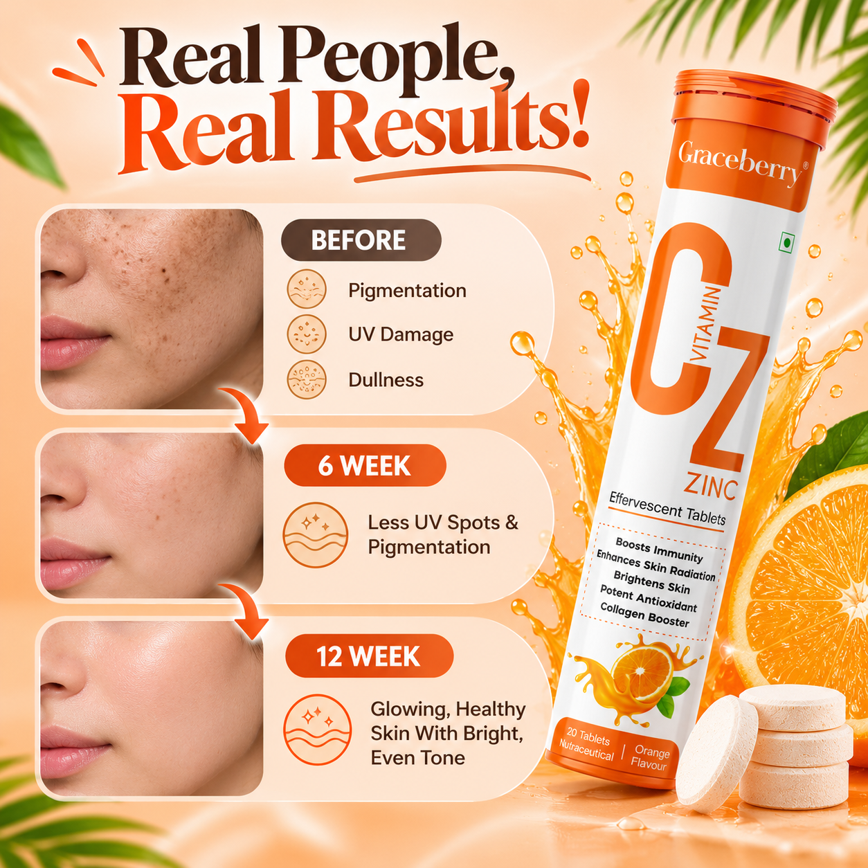 Graceberry Vitamin C & Zinc with Amla Orange Effervescent Tablets – Immunity, Collagen & Skin Radiance Support view 7