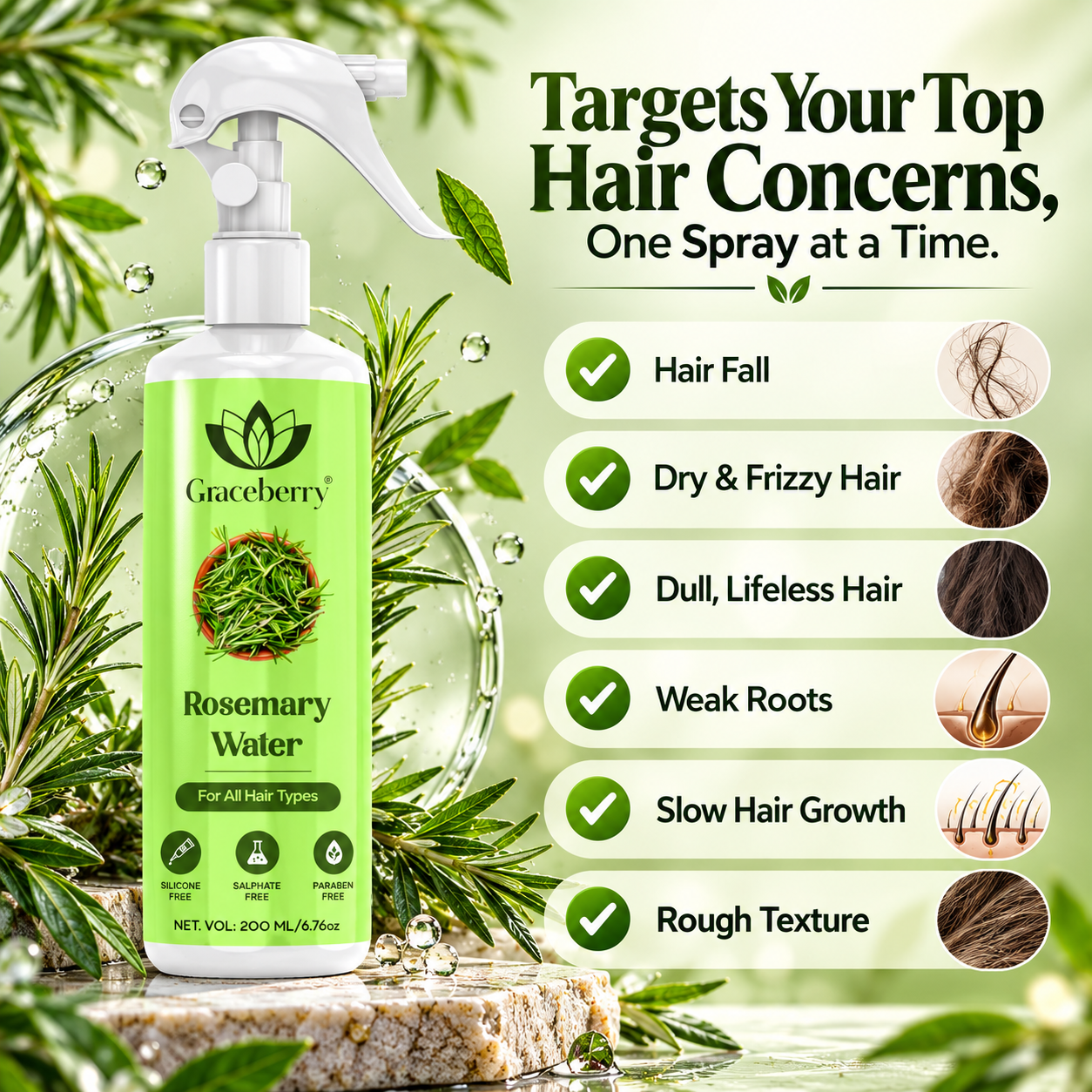 Graceberry Rosemary Water Hair Spray For Smooth & Shiny Hair | 200 ml view 7