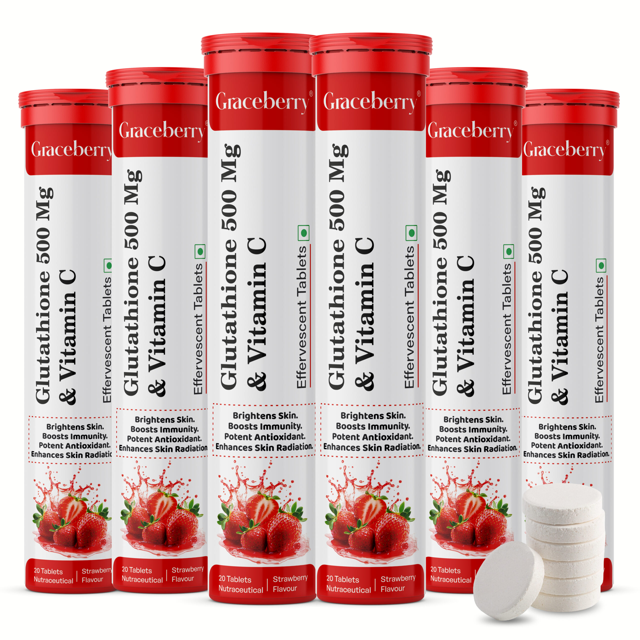 Graceberry Glutathione 500 mg + Vitamin C Effervescent Tablet Strawberry Flavour