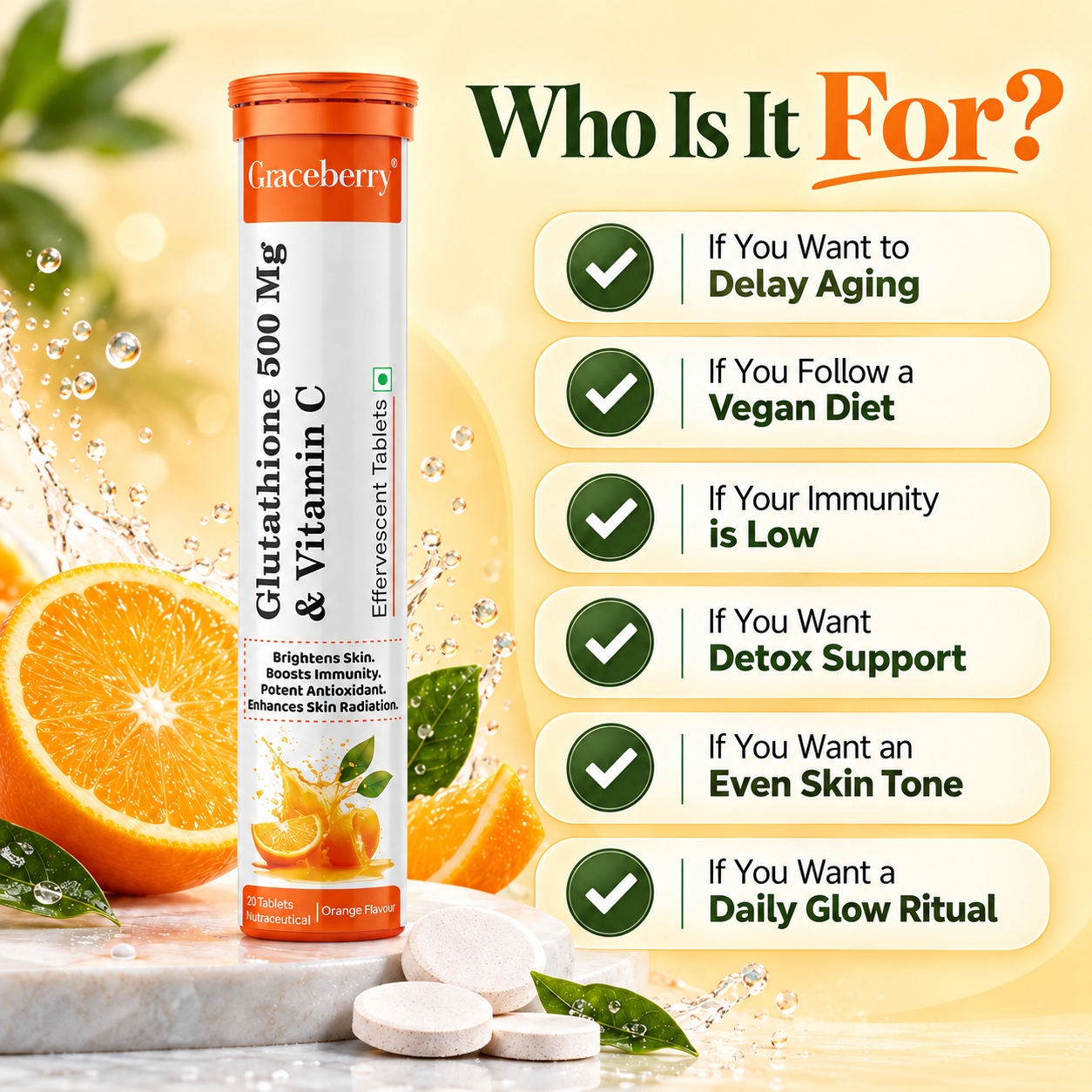 Graceberry Glutathione 500 mg + Vitamin C Effervescent Tablet Orange Flavour view 7