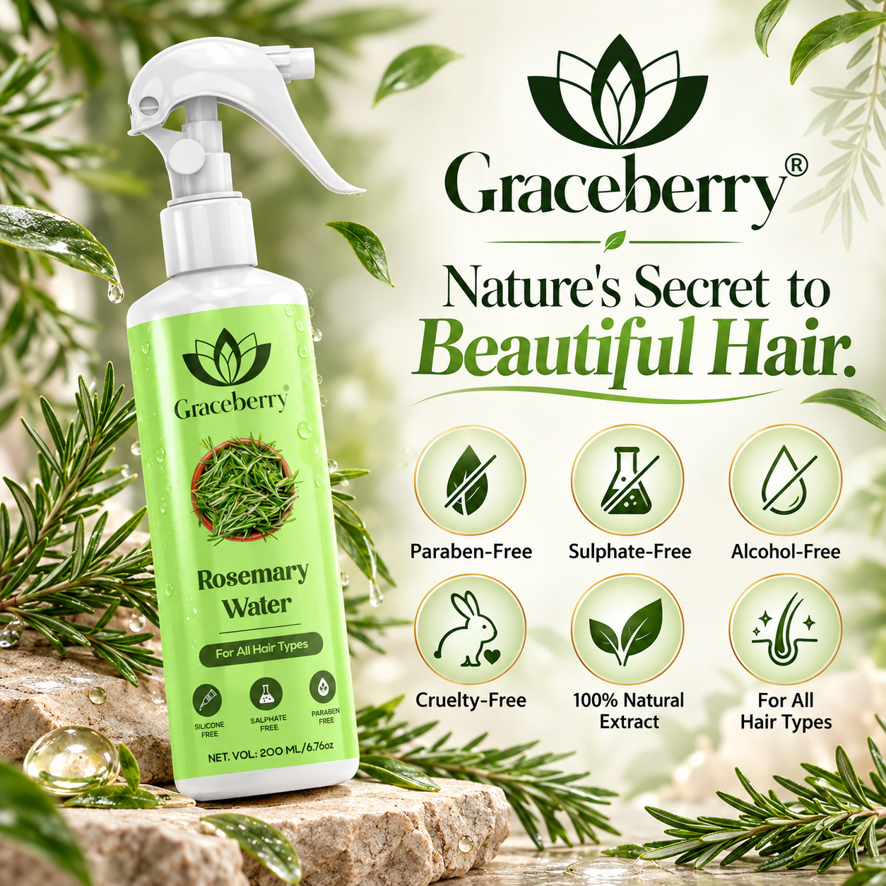 Graceberry Rosemary Water Hair Spray For Smooth & Shiny Hair | 200 ml view 8