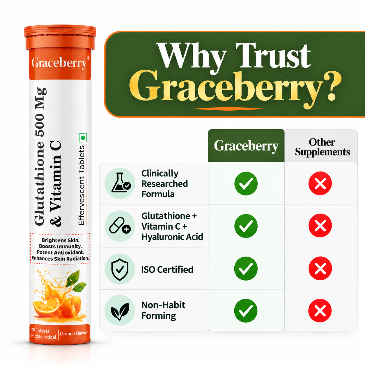 Graceberry Glutathione 500 mg + Vitamin C Effervescent Tablet Orange Flavour view 8