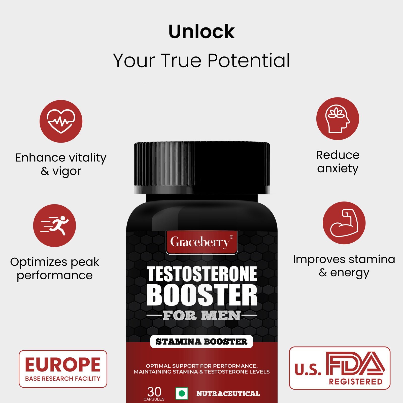 Graceberry Gold Testosterone Booster | Natural Libido Enhancer & Stamina Support | USFDA Registered Ayurvedic Supplement for Strength, Vitality, and Energy view 3