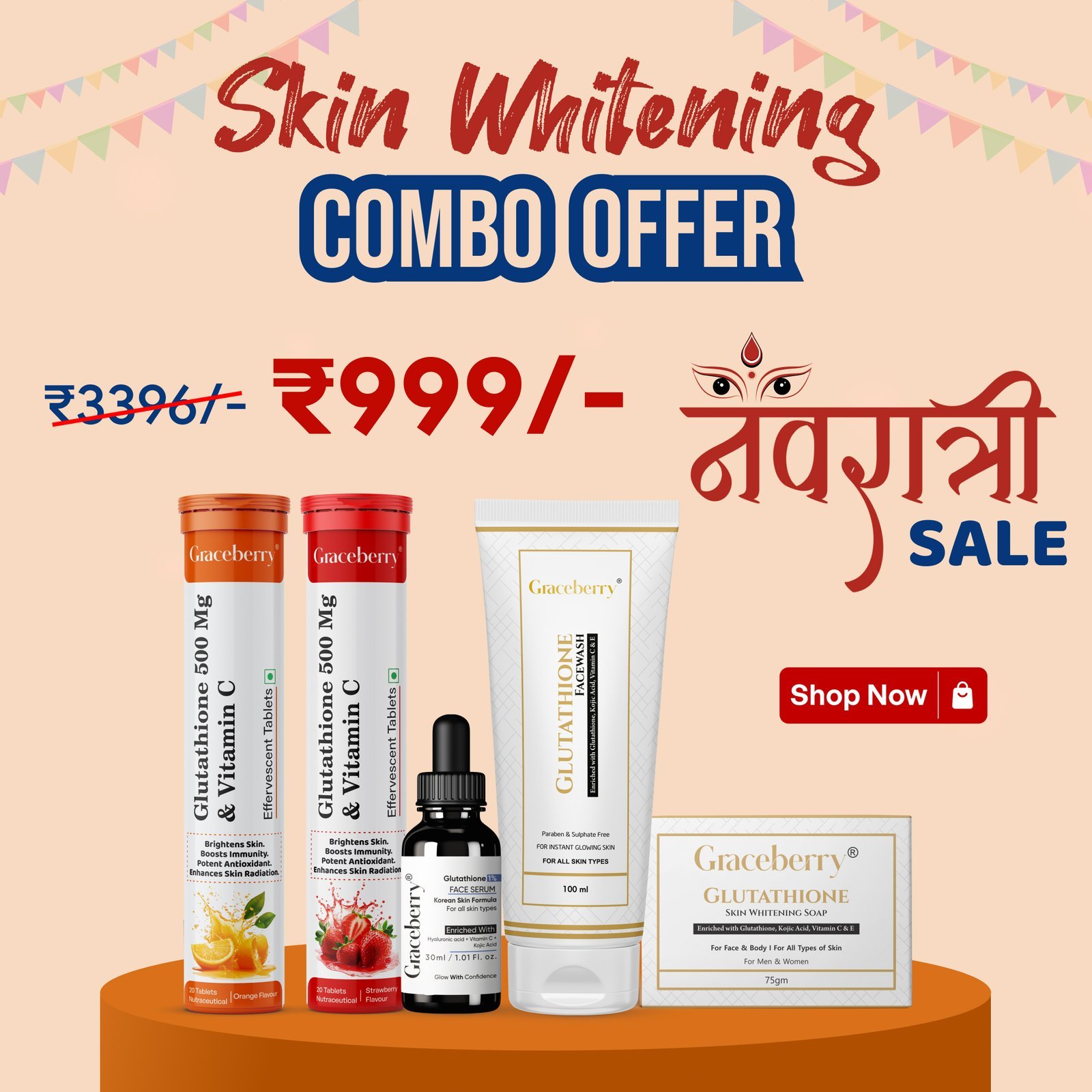 Graceberry Glutathione Skin Whitening Combo – Facewash, Serum, Soap & Skin Whitening Tablets for Dark Spot Removal & Glowing Skin
