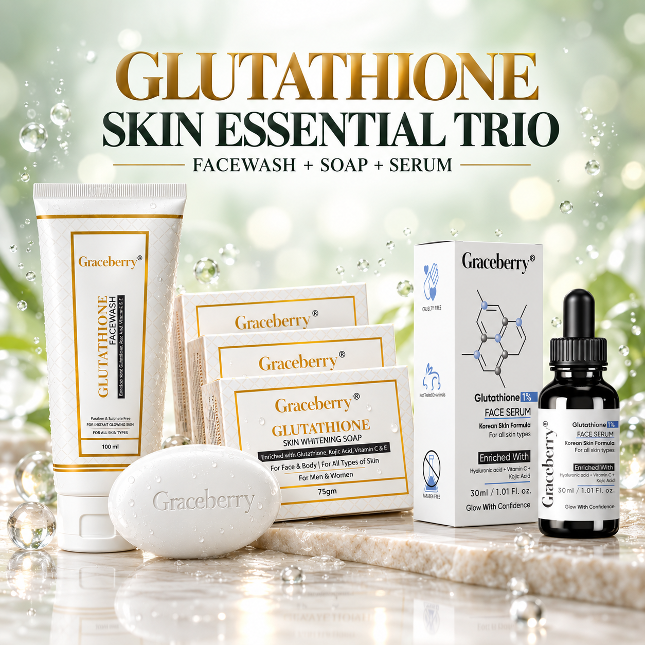Graceberry Skin Essential Trio – Glutathione Brightening Face Wash, Soap & Serum Combo