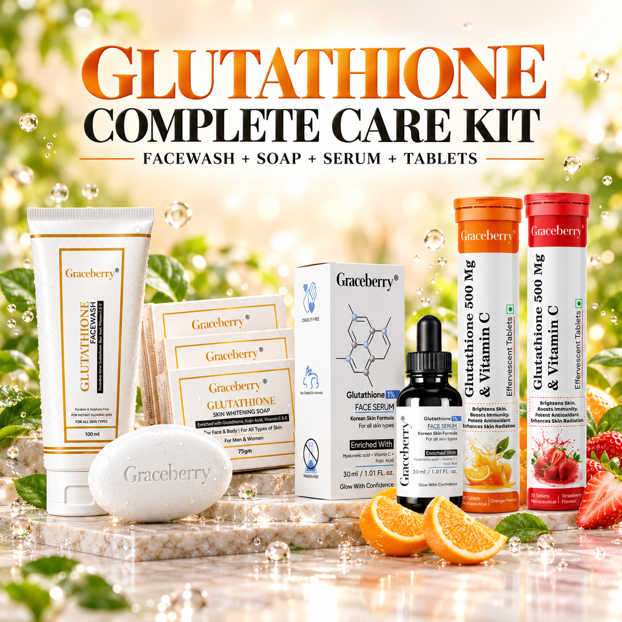 Glutathione Complete Care Kit – Graceberry Brightening Face Wash, Soap, Serum, Orange & Strawberry Effervescent Tablets