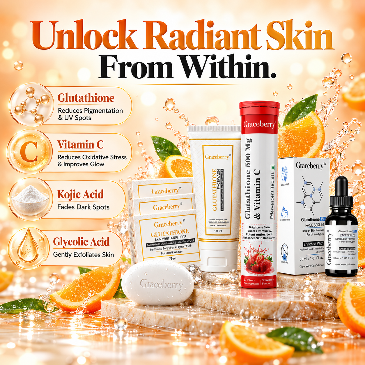 Glutathione Complete Care Kit – Graceberry Brightening Face Wash, Soap, Serum, Orange & Strawberry Effervescent Tablets view 3