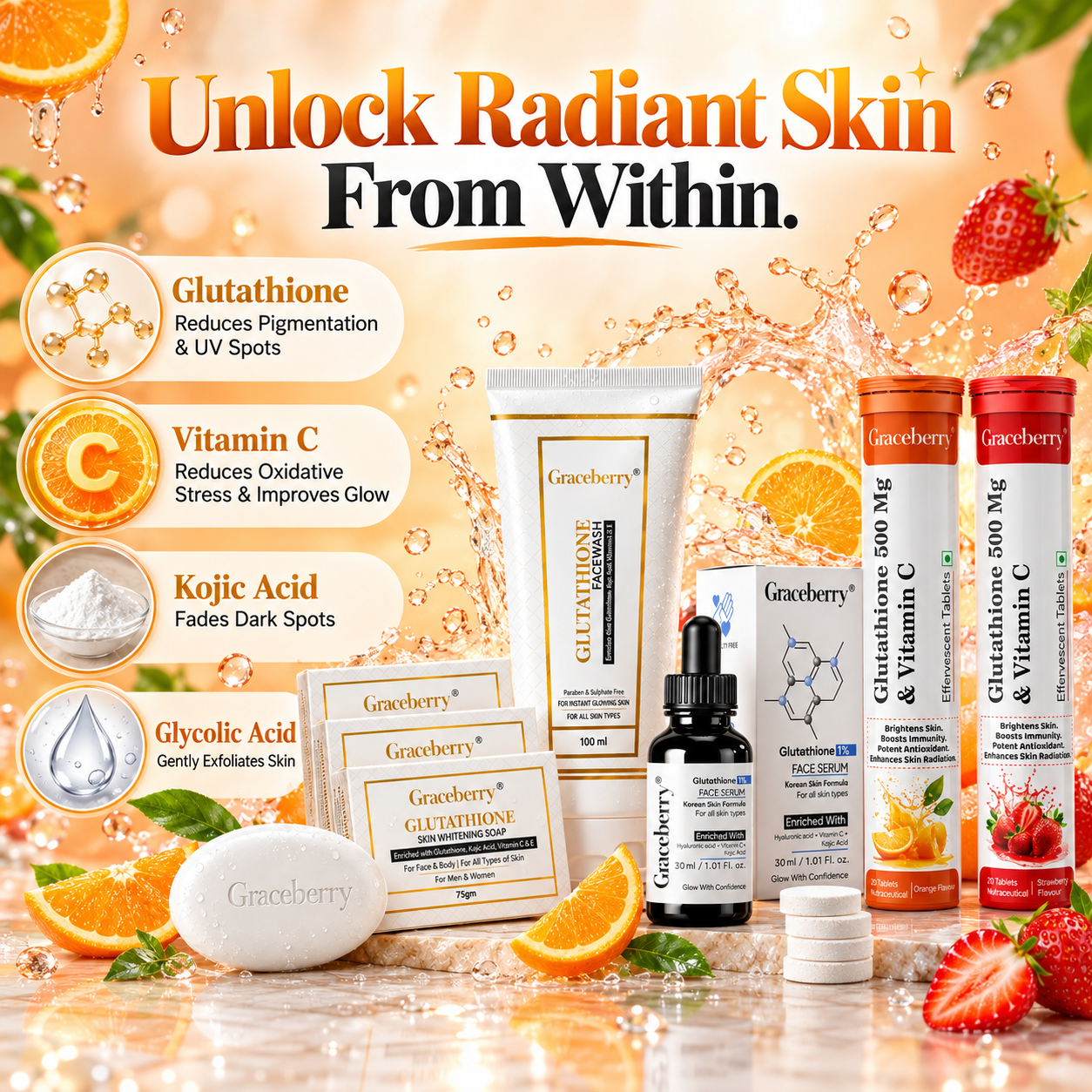 Glutathione Complete Care Kit – Graceberry Brightening Face Wash, Soap, Serum, Orange & Strawberry Effervescent Tablets view 2