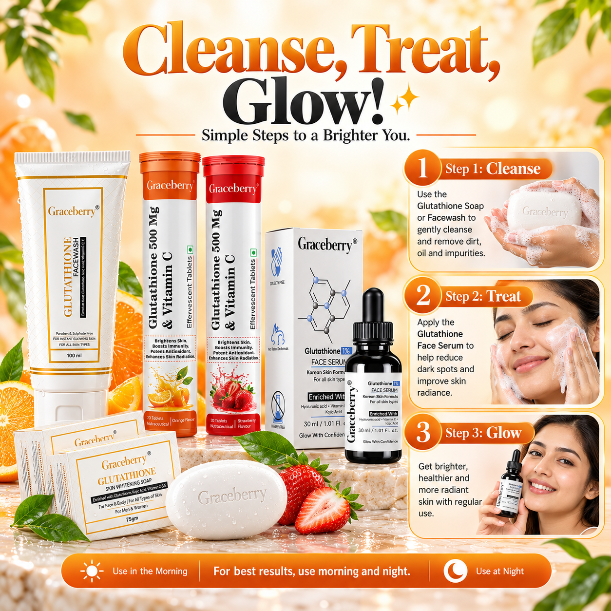 Glutathione Complete Care Kit – Graceberry Brightening Face Wash, Soap, Serum, Orange & Strawberry Effervescent Tablets view 4