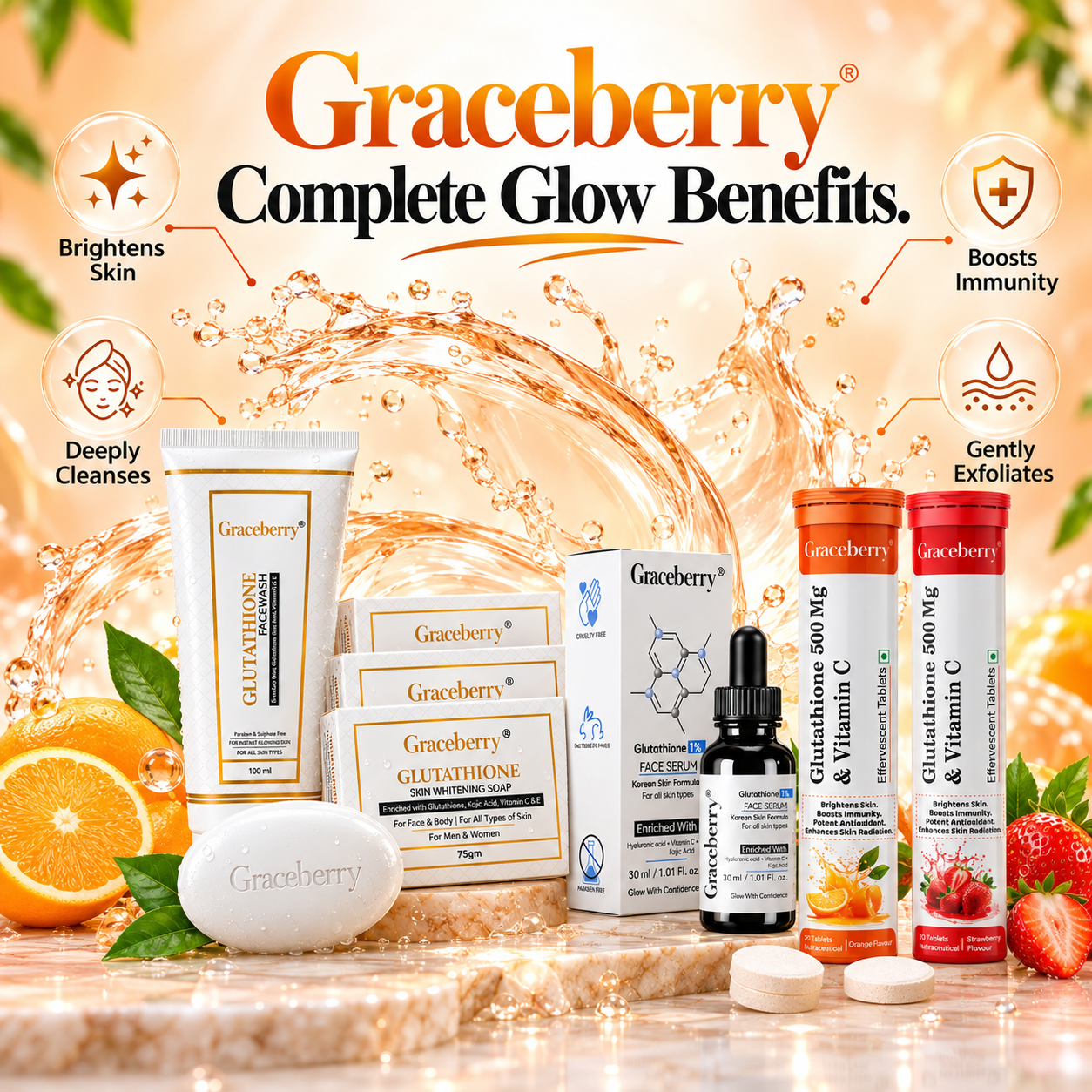 Glutathione Complete Care Kit – Graceberry Brightening Face Wash, Soap, Serum, Orange & Strawberry Effervescent Tablets view 5