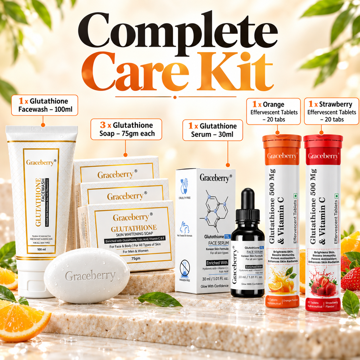 Glutathione Complete Care Kit – Graceberry Brightening Face Wash, Soap, Serum, Orange & Strawberry Effervescent Tablets view 6