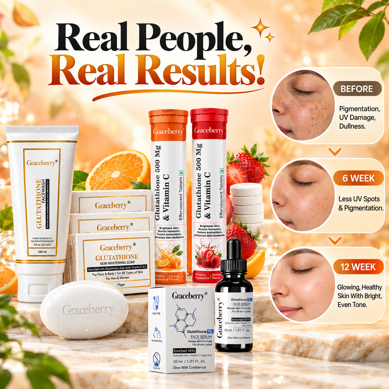 Glutathione Complete Care Kit – Graceberry Brightening Face Wash, Soap, Serum, Orange & Strawberry Effervescent Tablets view 7