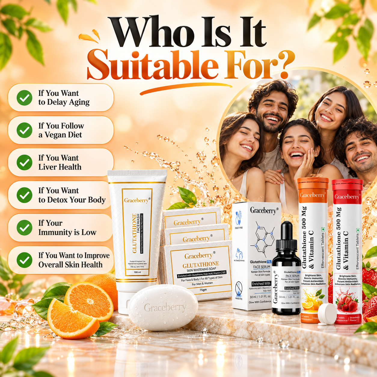 Glutathione Complete Care Kit – Graceberry Brightening Face Wash, Soap, Serum, Orange & Strawberry Effervescent Tablets view 8