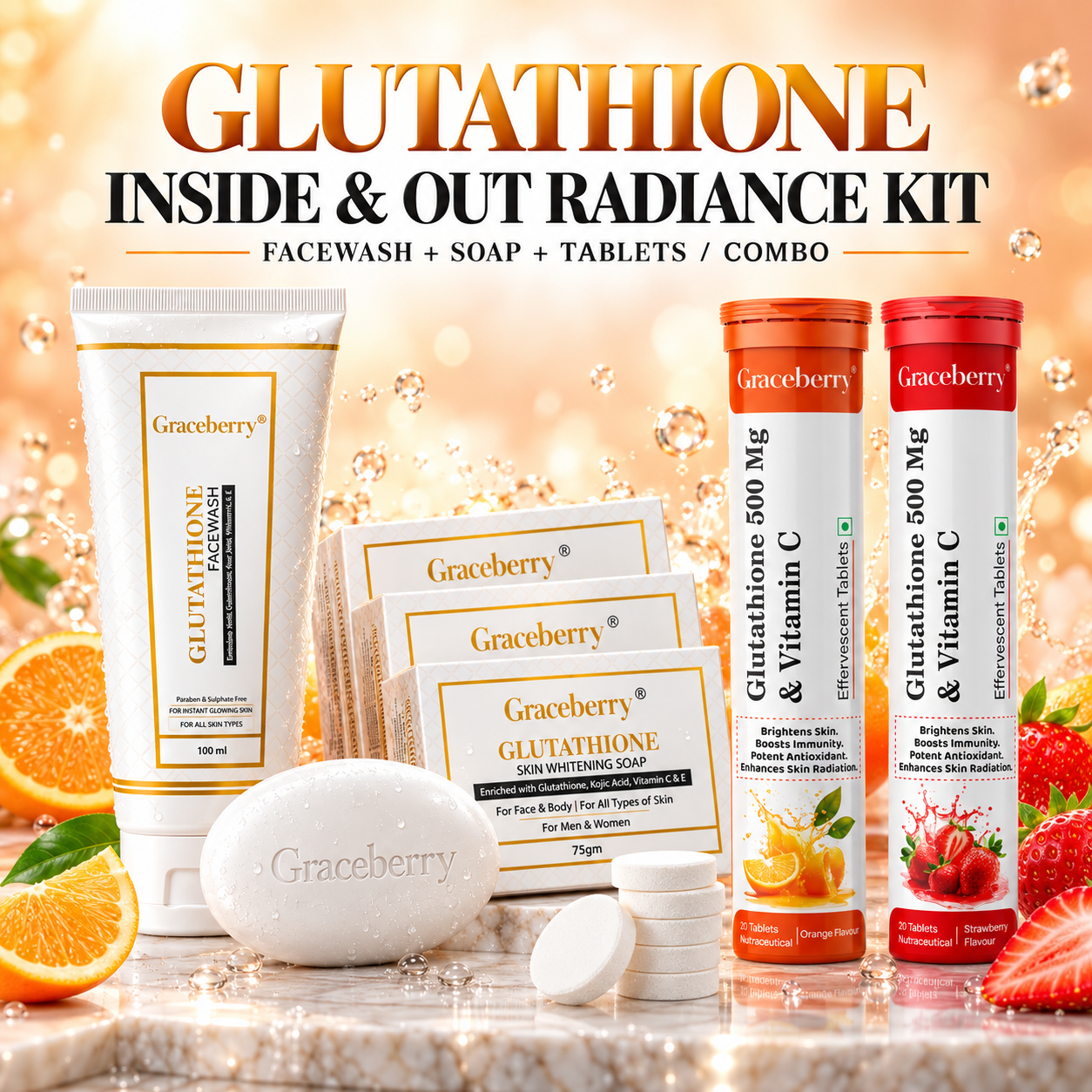 Glutathione Inside & Out Radiance Kit – Graceberry Brightening Face Wash, Soap, Orange & Strawberry Effervescent Tablets