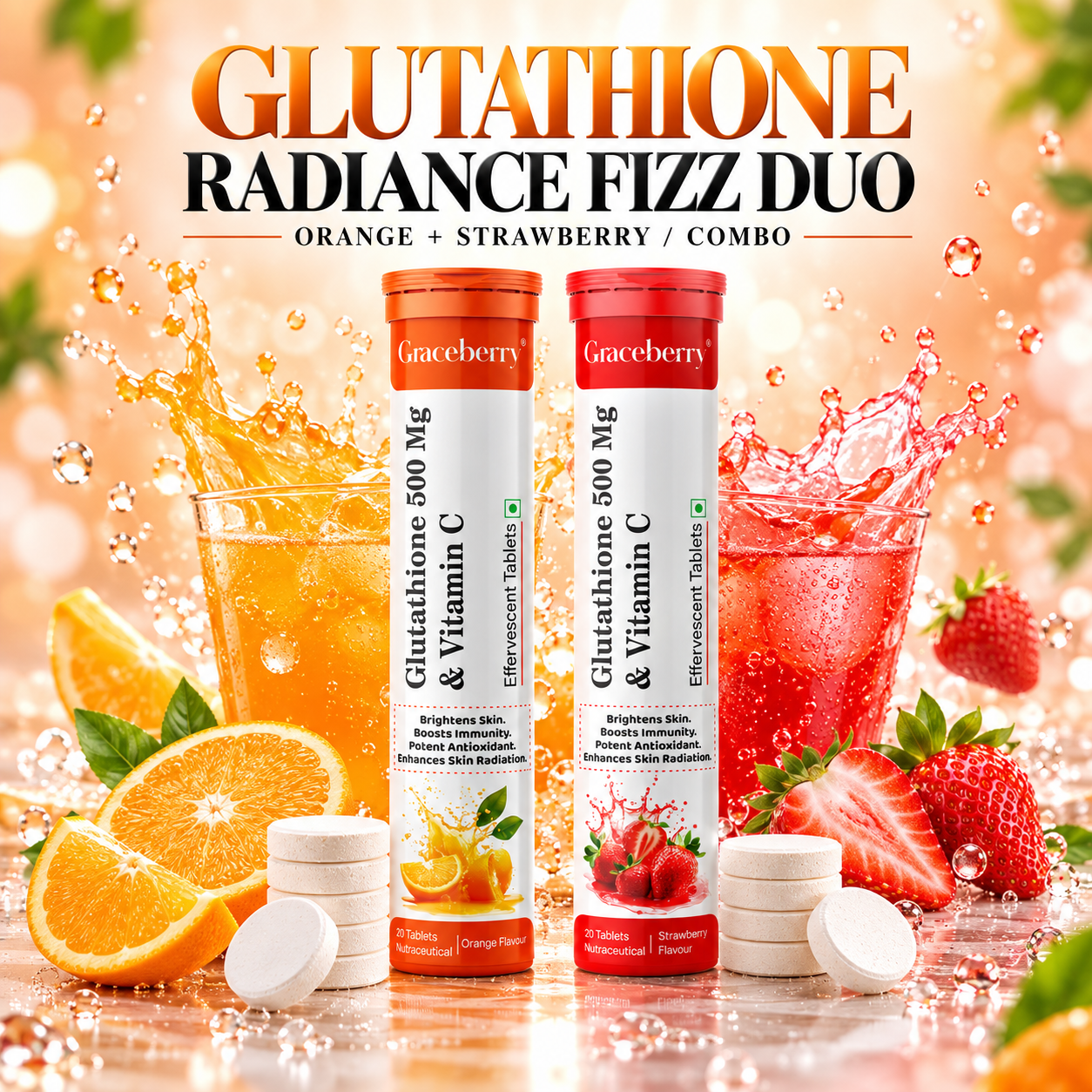 Graceberry Brightening Effervescent Tablets – Glutathione Radiance Fizz Duo (Orange + Strawberry)