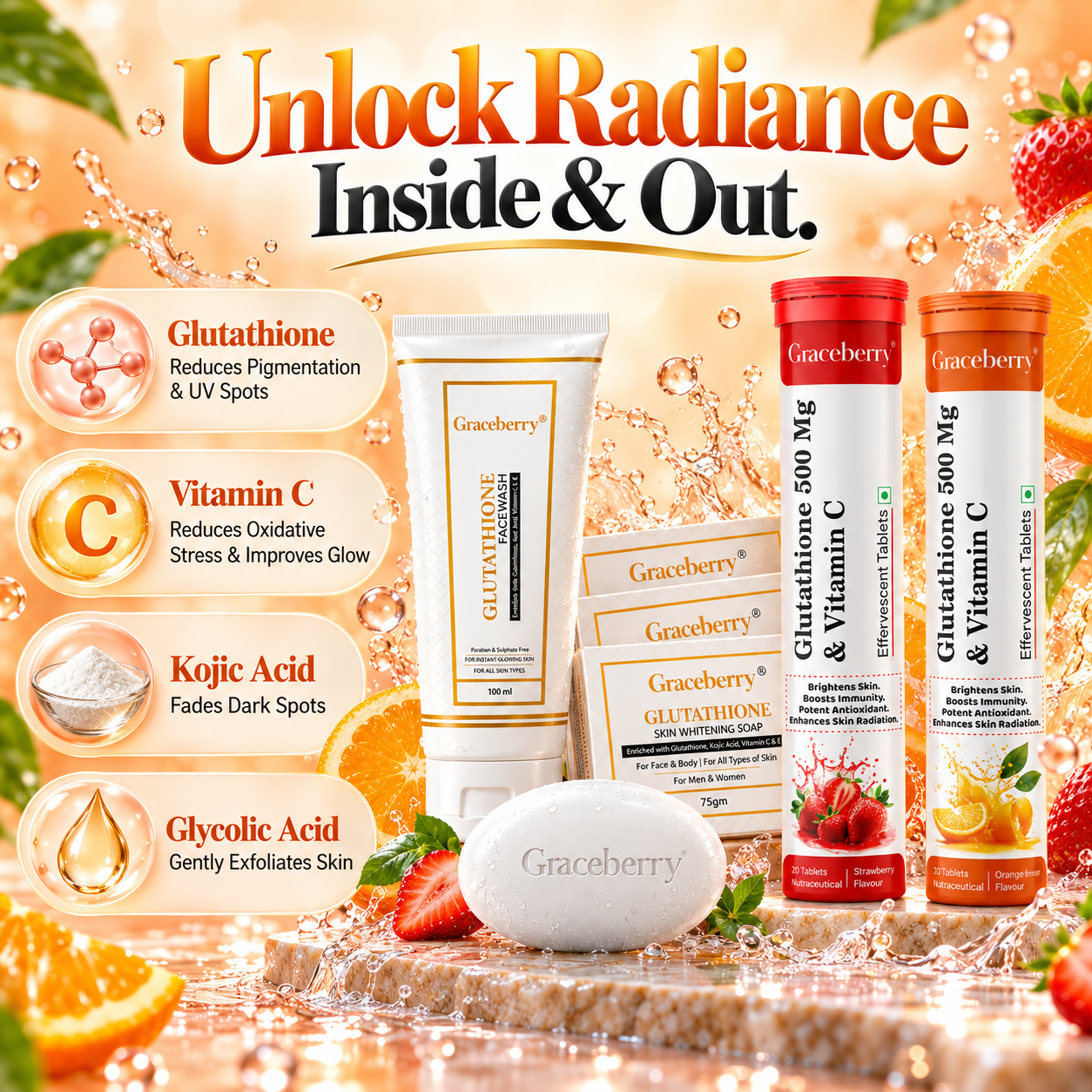 Glutathione Inside & Out Radiance Kit – Graceberry Brightening Face Wash, Soap, Orange & Strawberry Effervescent Tablets view 2
