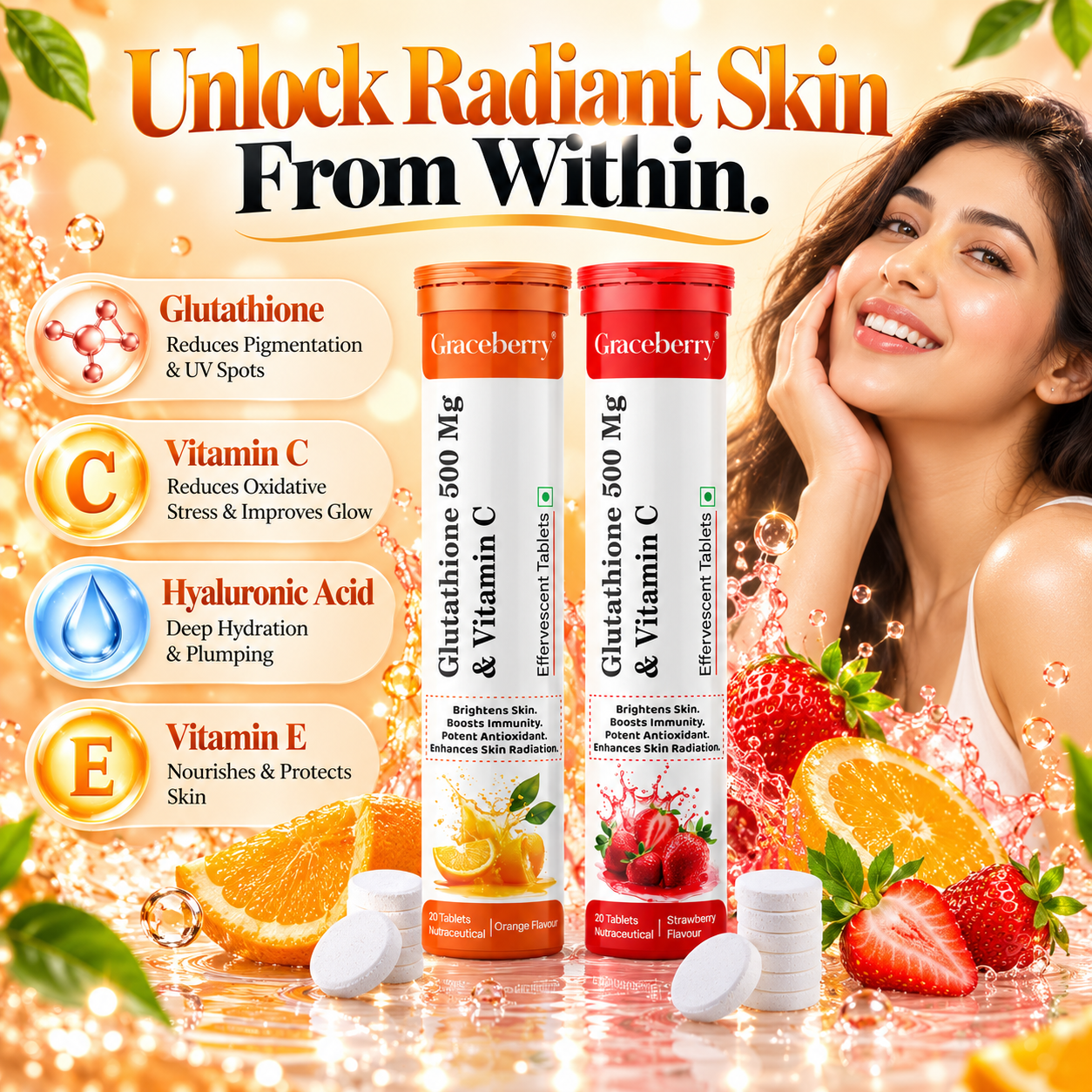 Graceberry Brightening Effervescent Tablets – Glutathione Radiance Fizz Duo (Orange + Strawberry) view 2