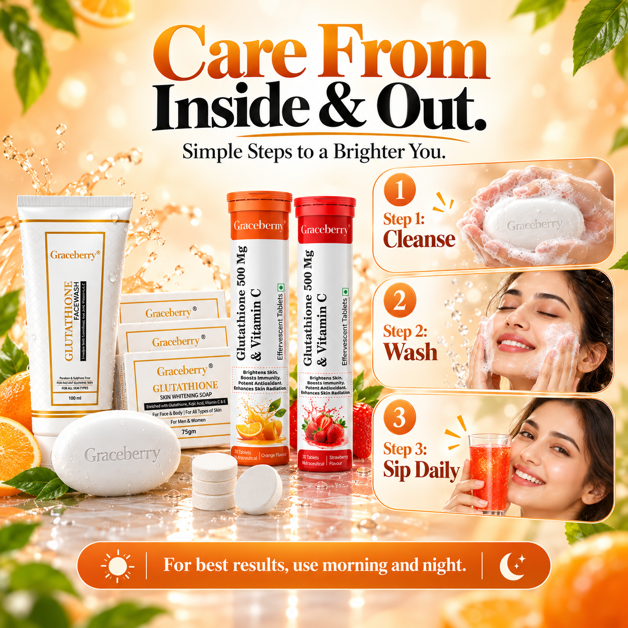 Glutathione Inside & Out Radiance Kit – Graceberry Brightening Face Wash, Soap, Orange & Strawberry Effervescent Tablets view 3