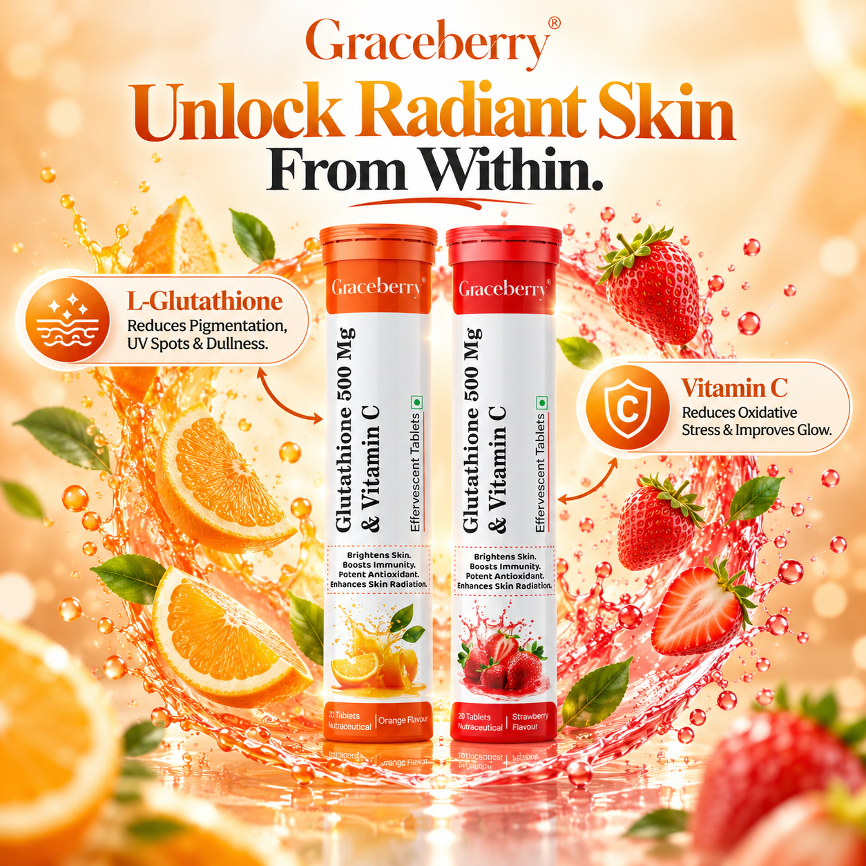 Graceberry Brightening Effervescent Tablets – Glutathione Radiance Fizz Duo (Orange + Strawberry) view 3