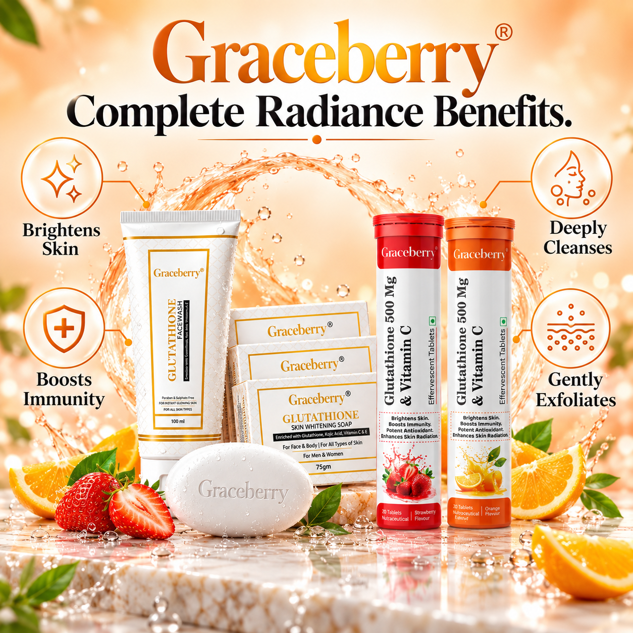 Glutathione Inside & Out Radiance Kit – Graceberry Brightening Face Wash, Soap, Orange & Strawberry Effervescent Tablets view 4